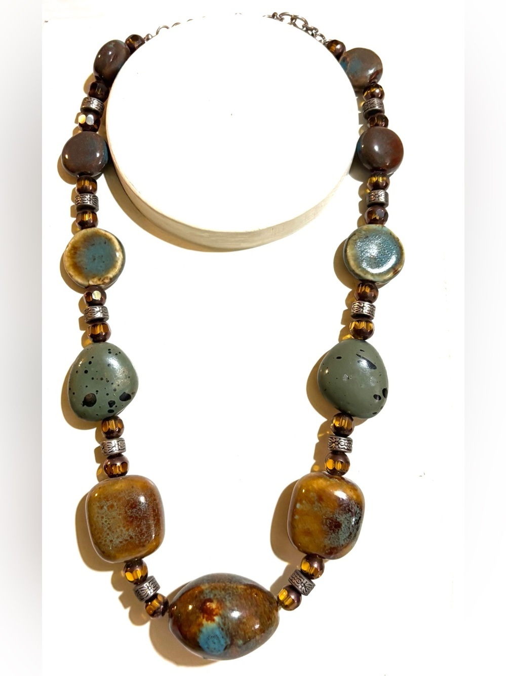 Earth-Tone Ceramic Bead Necklace in Olive and Amber